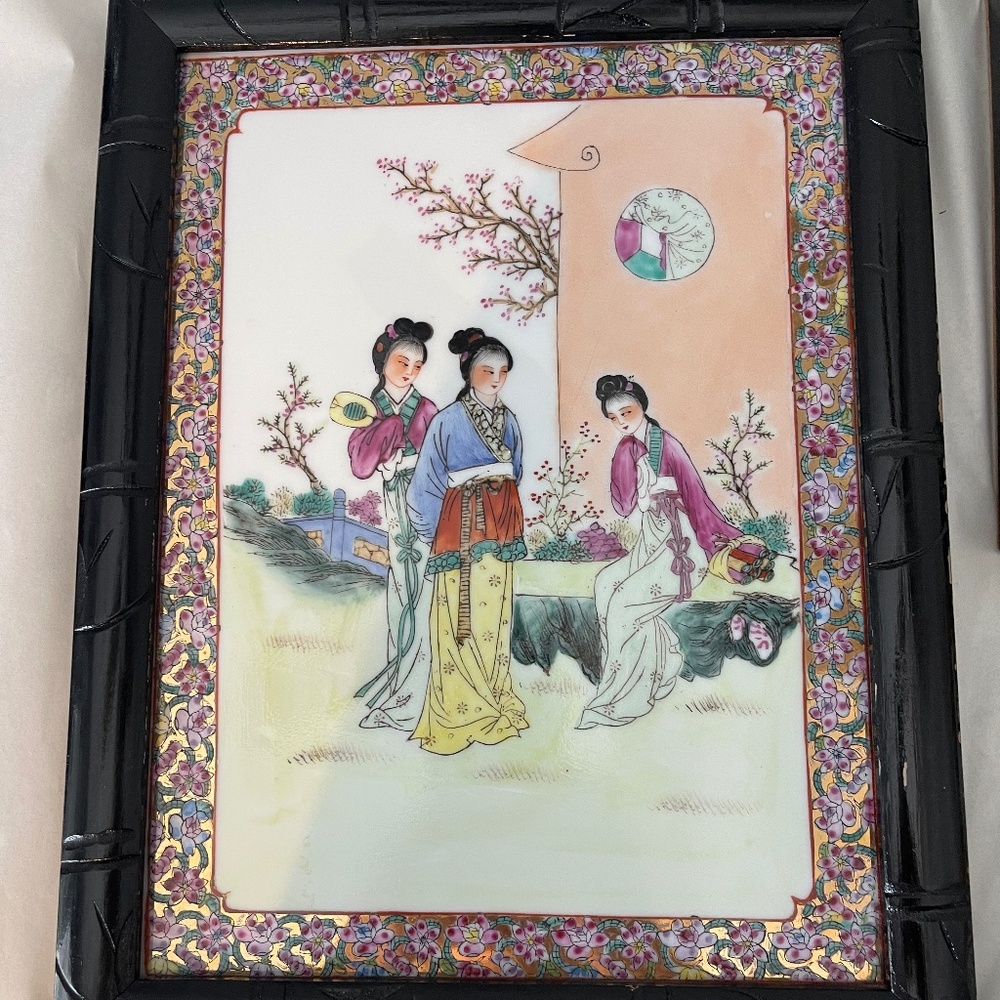 Vintage Chinese Famille Rose Porcelain Plaque In Bamboo Style Designed Frame